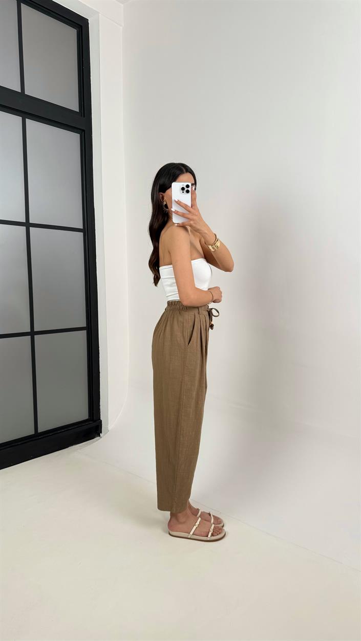 Kahve Cepli Kuşaklı Balon Keten Pantolon Gaus00383