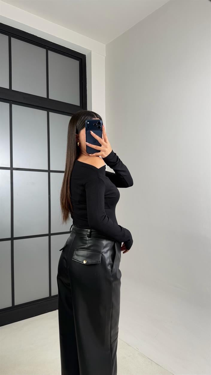 Siyah Geniş Paça Premium Deri Pantolon GAUS-00866