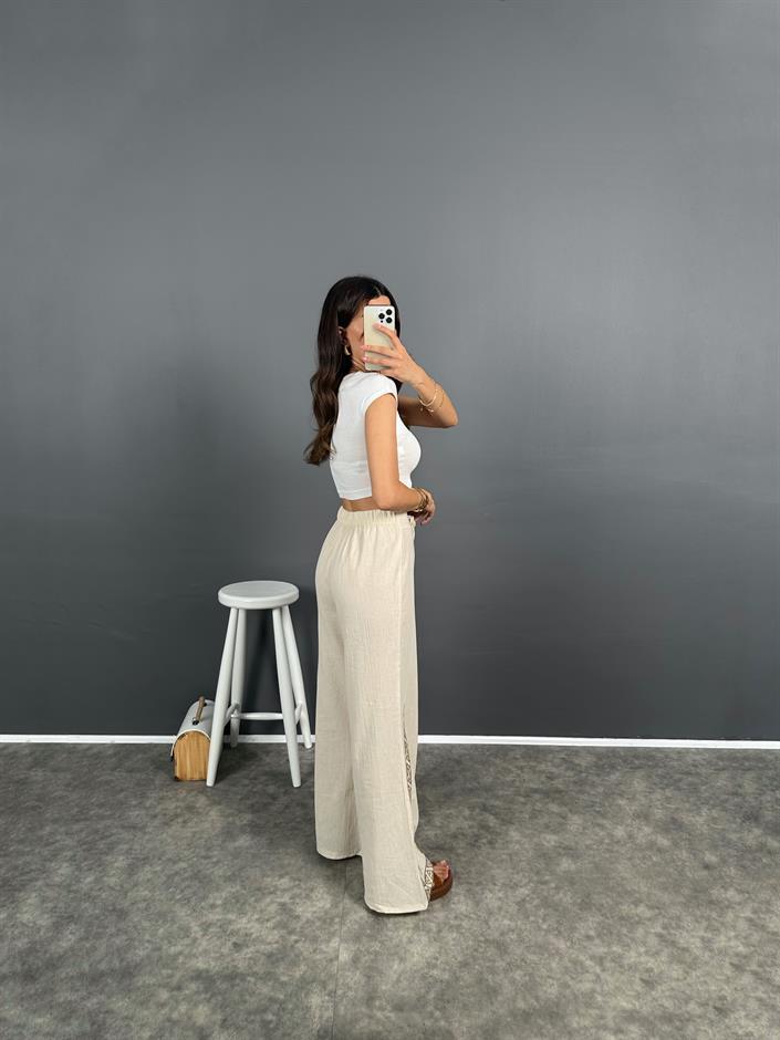 Cans Ekru Nakış İşlemeli Keten Karışımlı Bol Paça Pantolon