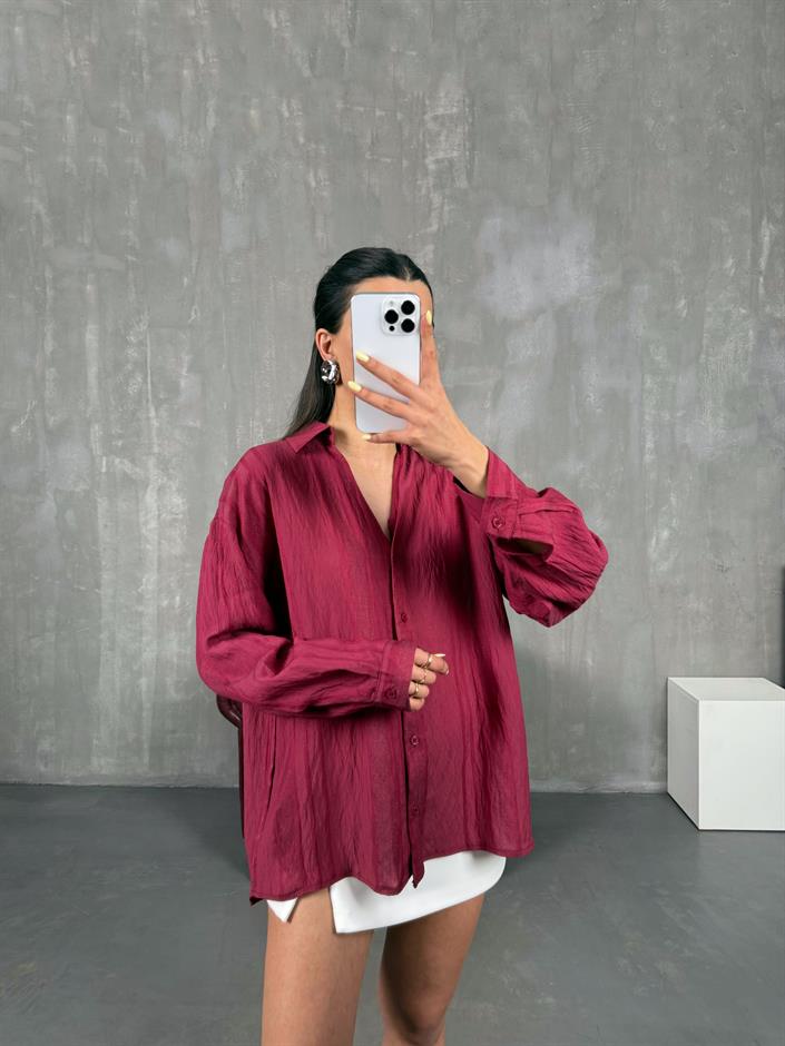 Bordo V Yaka Transparan Gömlek Gaus00107