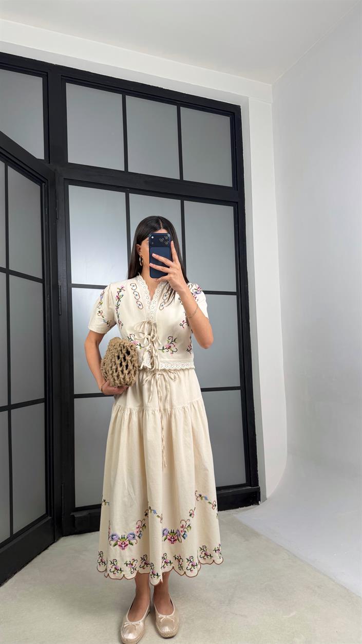 Taş Nakışlı Bluz Beli Lastikli Etek Yıkamalı Keten Takım GAUS-01365