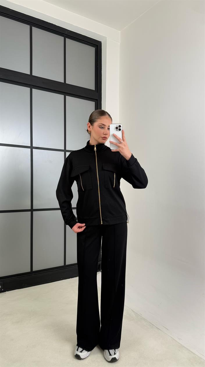 Siyah Cep Detaylı Hırka Beli Lastikli Pantolon Modal Takım GAUS-00620