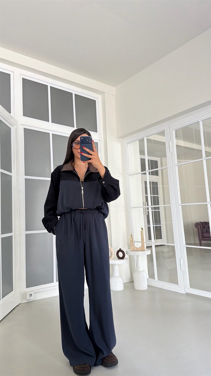 Lacivert İPKYL Deri Yakalı Astarlı Denim Detaylı Ceket Beli Lastikli Pantolon İkili Tencel Takım GAUS-01842