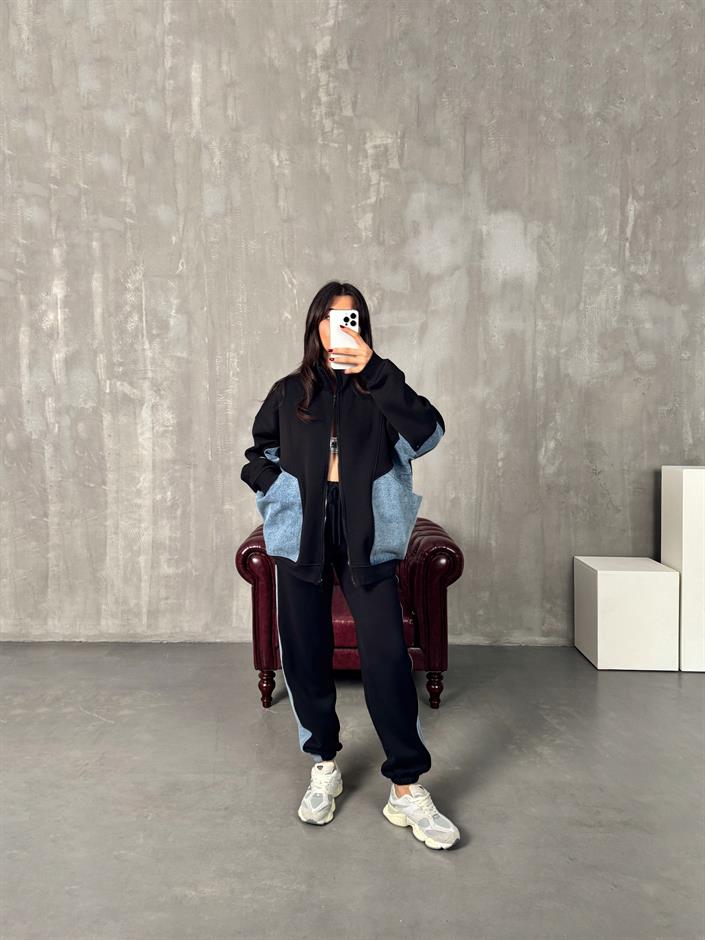 Lome Siyah Denim Karışımlı Şardonlu Oversize Takım