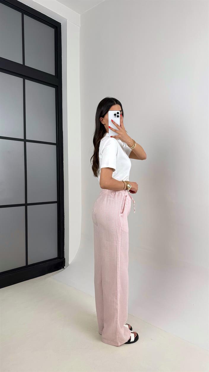 Pembe Beyaz Şeritli Beli Lastikli Keten Pantolon Gaus00479