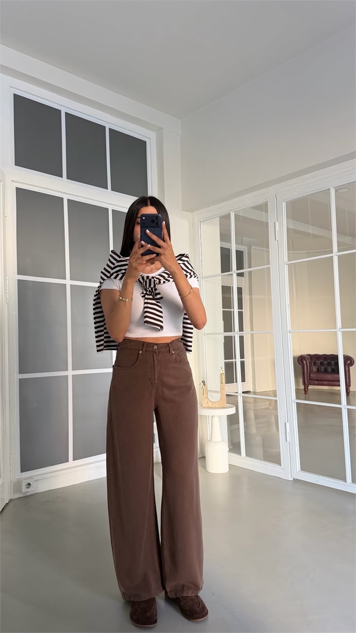 Kahve Beli Lastikli Geniş Paça Jean GAUS-01876 GAUS-02035