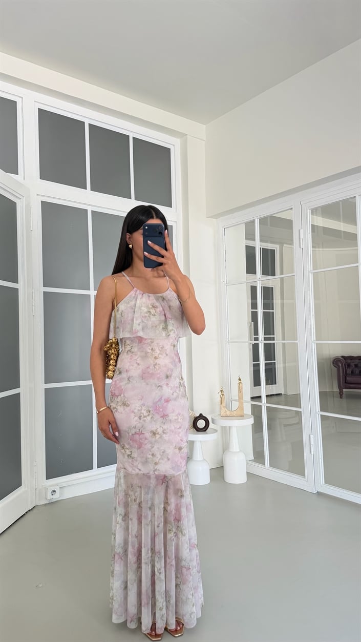 Pembe Çiçek Desenli Astarlı Tül Elbise GAUS-01760