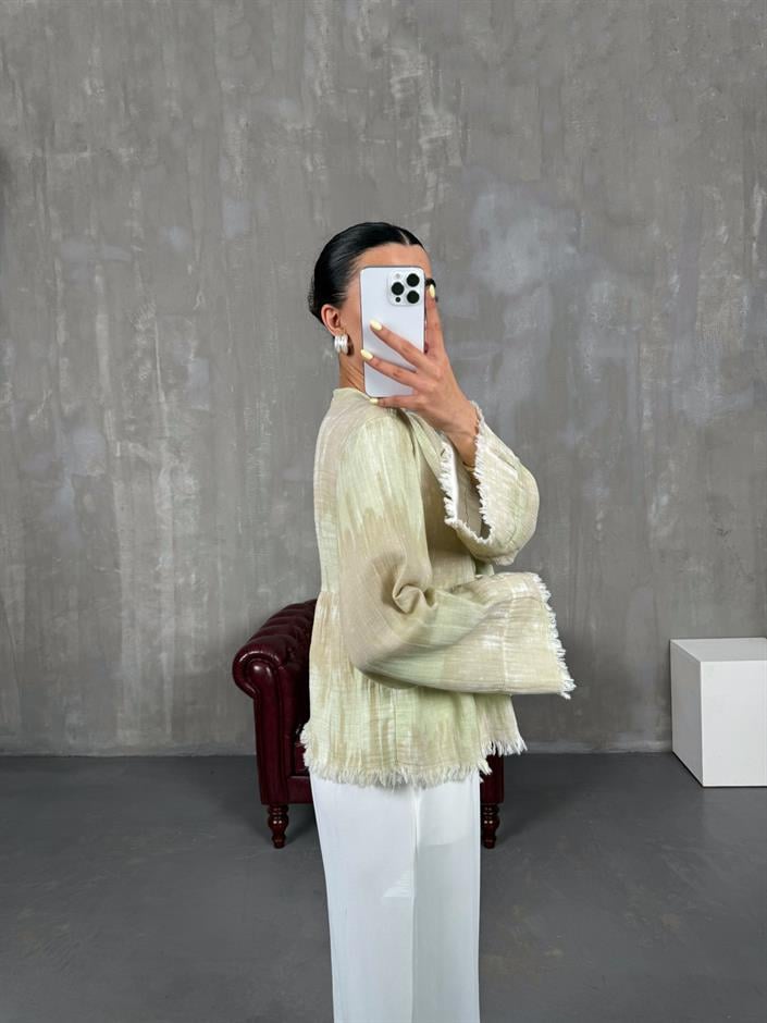 Yeşil Önden Bağlamalı Müslin Ebruli Bluz Gaus00088