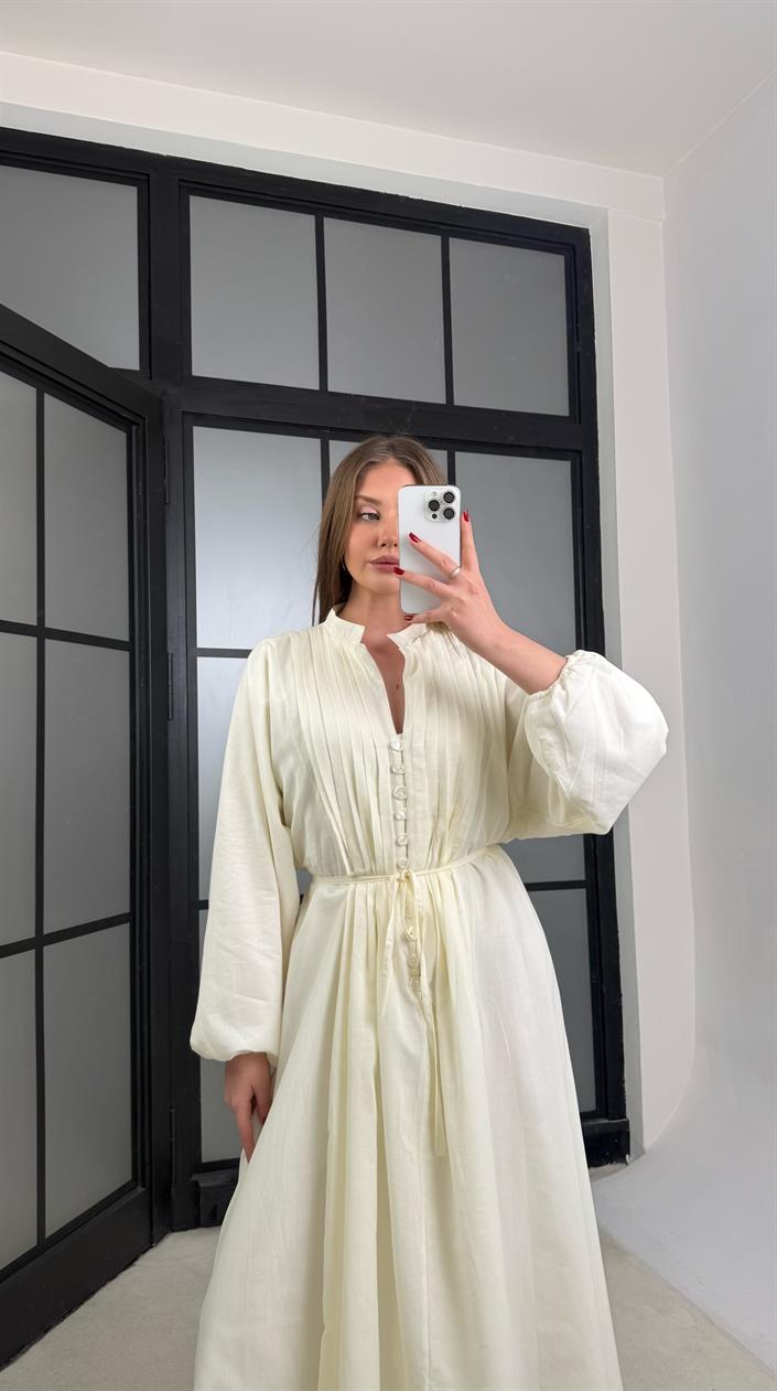 Soft Sarı Düğme Detaylı Kuşaklı Vual Kumaş Elbise GAUS-01263