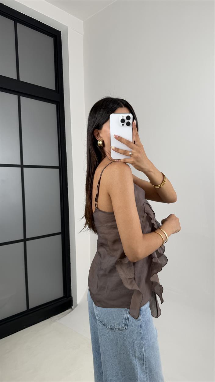 Kahve Ayarlanabilir Askılı MD Muadil Fırfır Detaylı Şifon Bluz Gaus00665