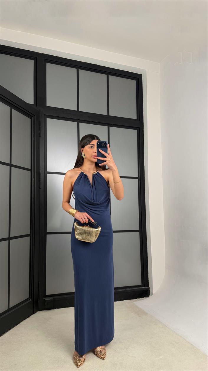 Lacivert Kolye Detaylı Premium Modal Kumaş Elbise GAUS-01367