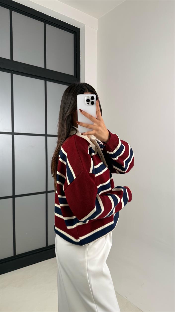 Bordo Çizgili Polo Yaka Düğmeli Kazak GAUS-00115