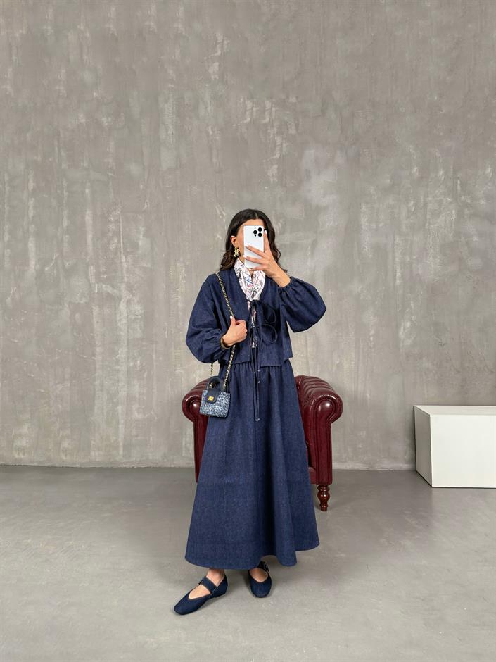 Selene Lacivert Bağlamalı Üst Etek Denim Takım