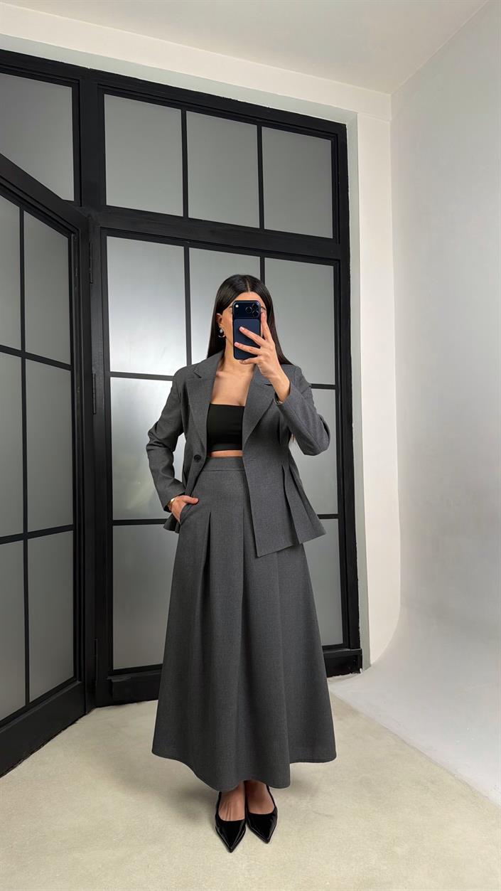 Antrasit Belden Oturtmalı Astarlı Vatkalı Ceket Cepli Etek Premium Takım GAUS-01290