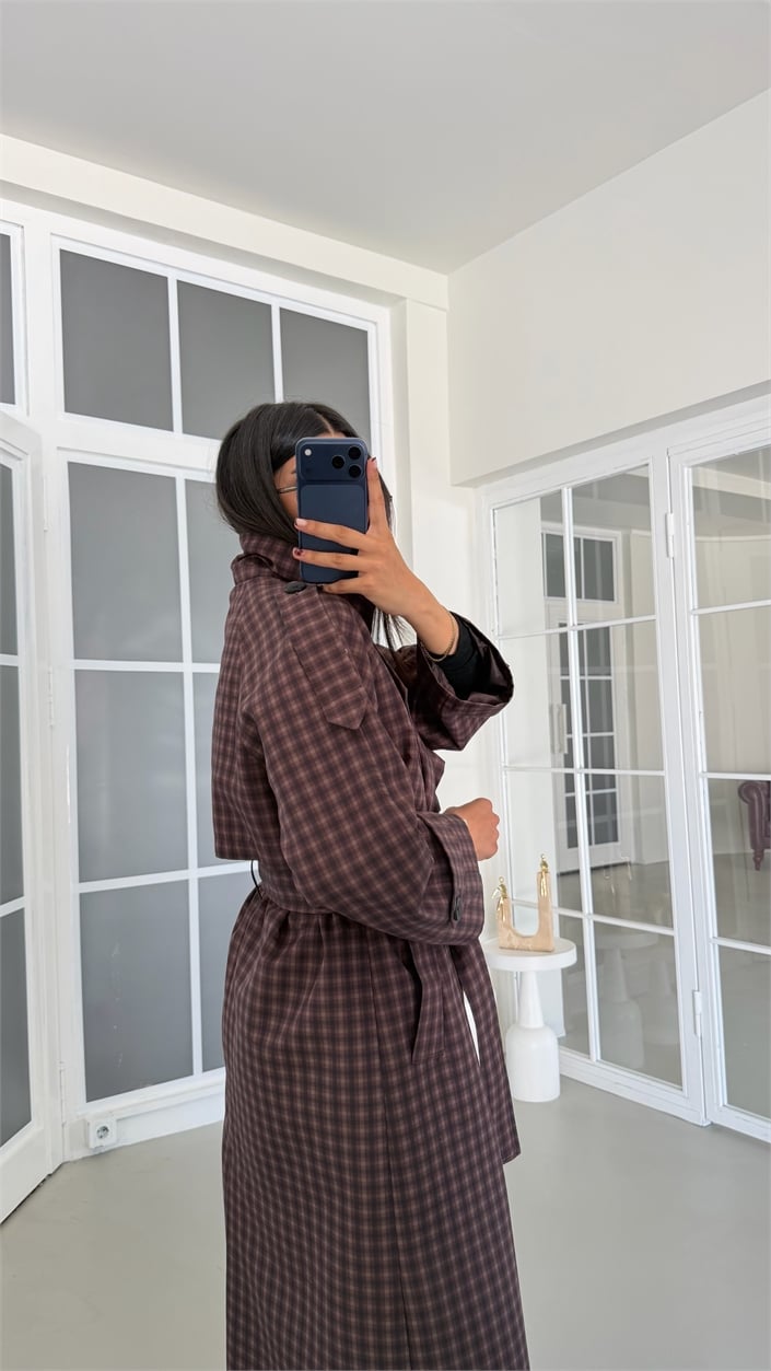 Kahve Ekoseli Apoletli Astarlı Premium Trençkot GAUS-01922