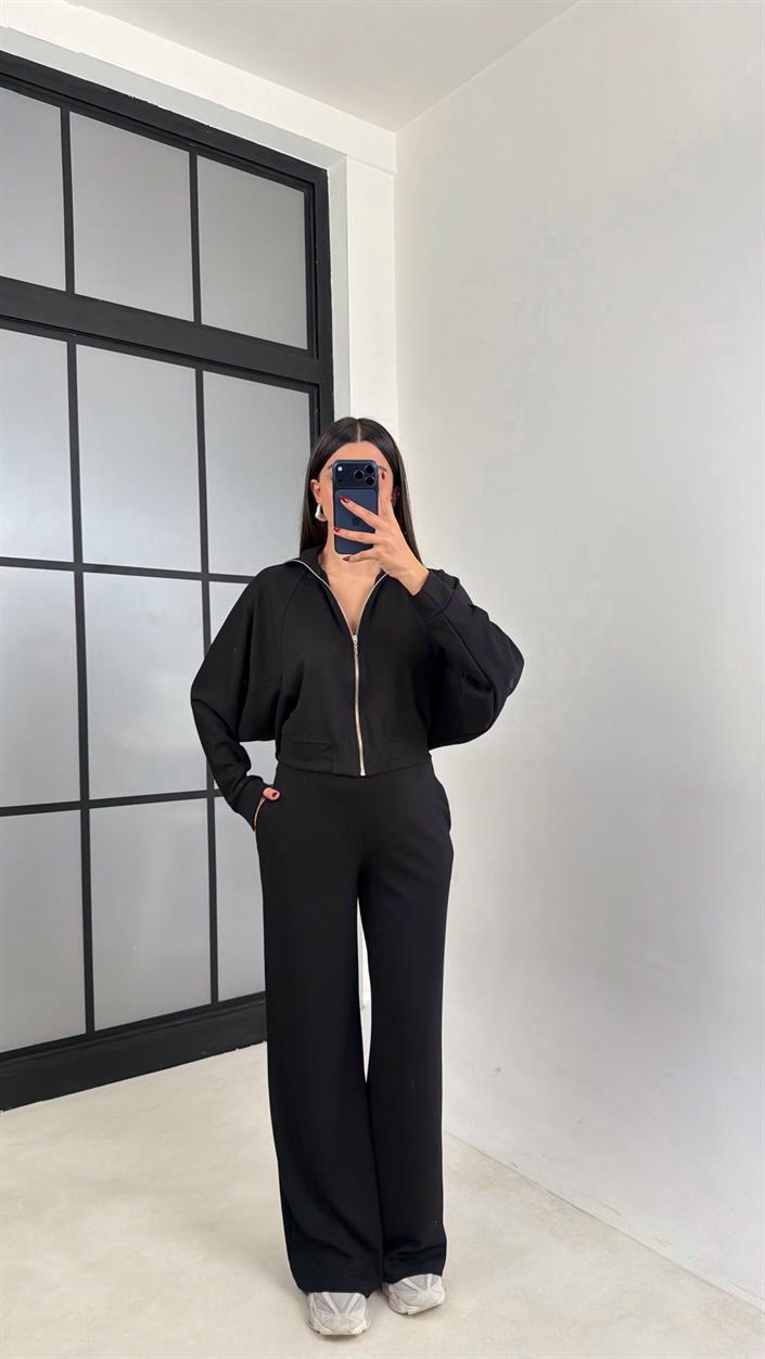 Siyah Fermuarlı Hırka Beli Lastikli Pantolon Modal Takım GAUS-00665