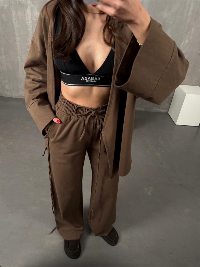 Rozali Kahve Gabardin Kimono İkili Takım
