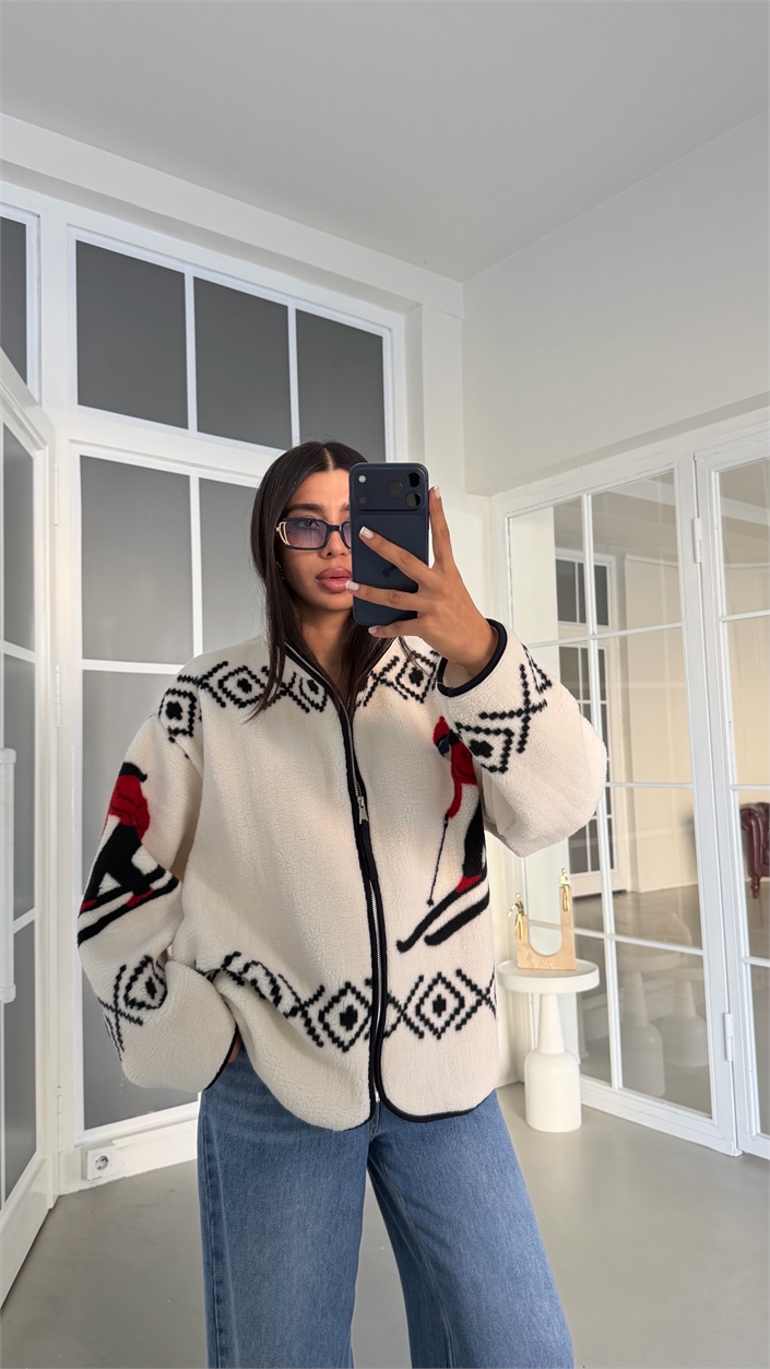 Ekru Kızak Desenli Fermuarlı Polar Sweatshirt GAUS-01916 GAUS-02016