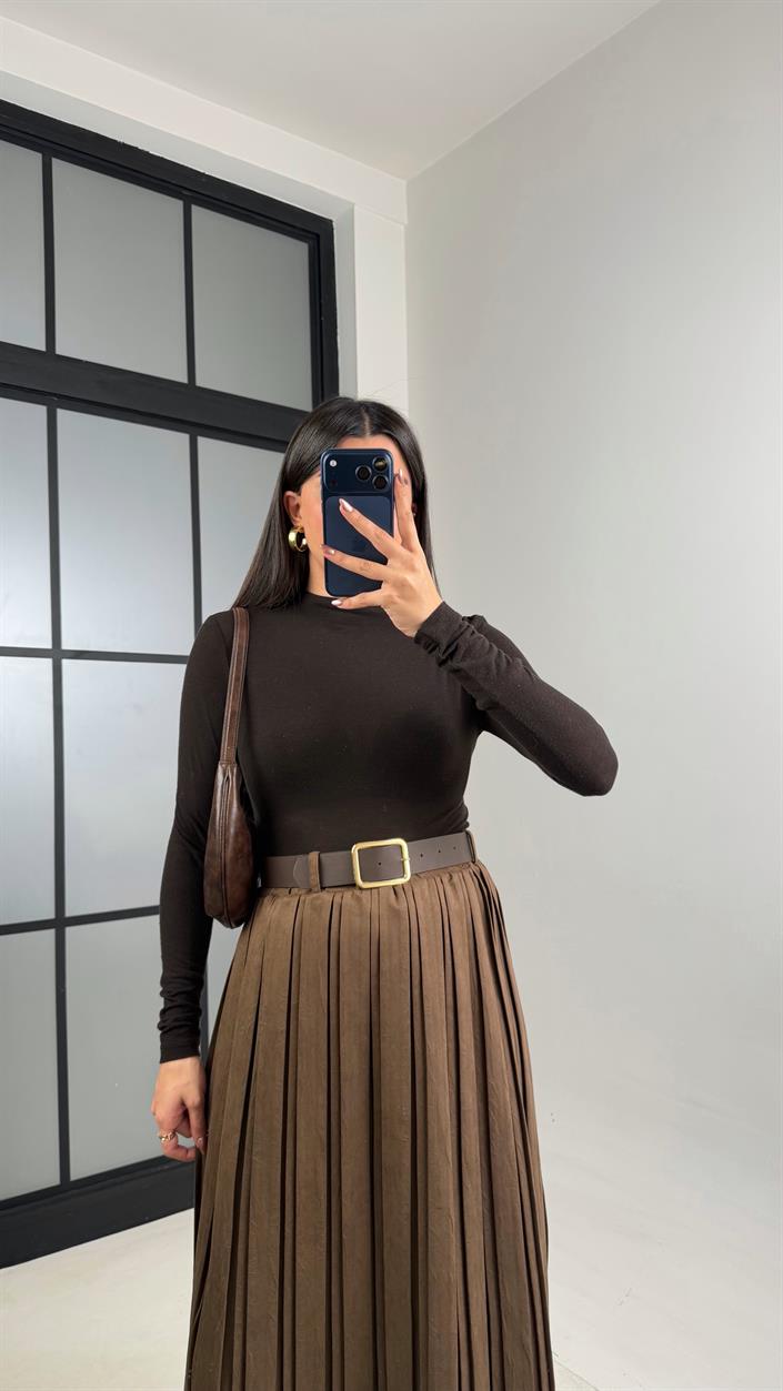 Kahve Astarlı Kemerli Süet Etek GAUS-01080