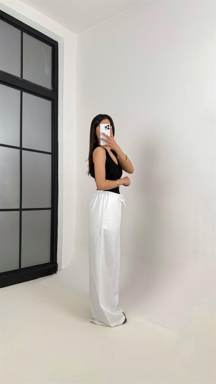 Beyaz Beli Lastikli Yarım Astarlı  Salaş Pantolon Gaus00363