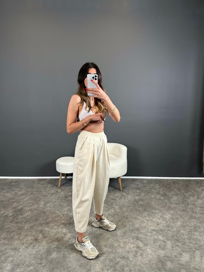 Gabardin Pileli Beli Lastikli Pantolon 