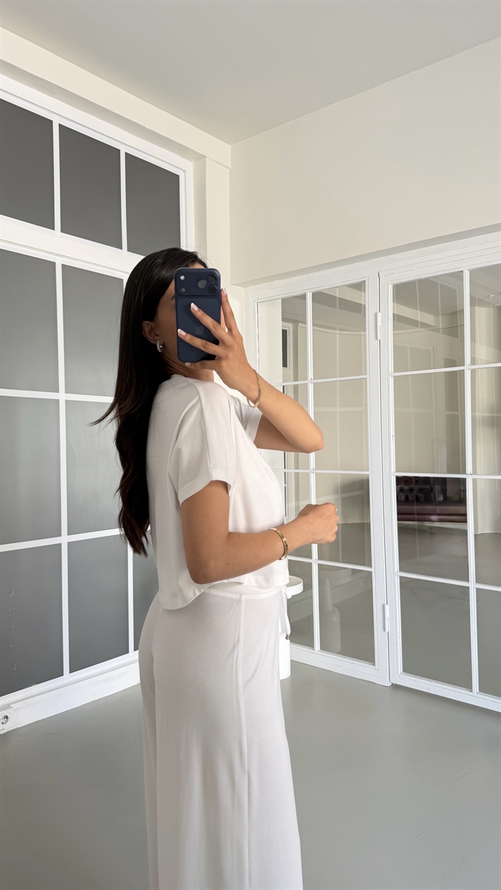 Beyaz Bluz Beli Lastikli Pantolon İkili Basic Takım GAUS-01712