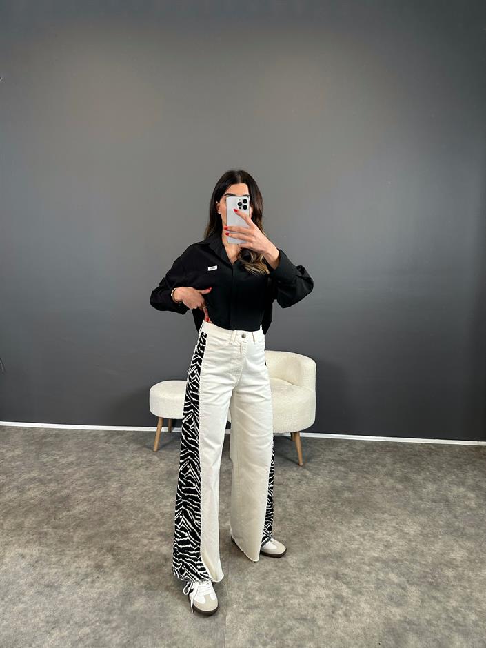 Ekru Yanları Zebra Desenli Jean 
