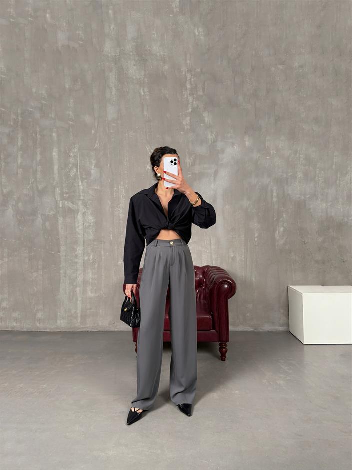 Sagura Gri Beli Lastikli Cepli Premium Pantolon