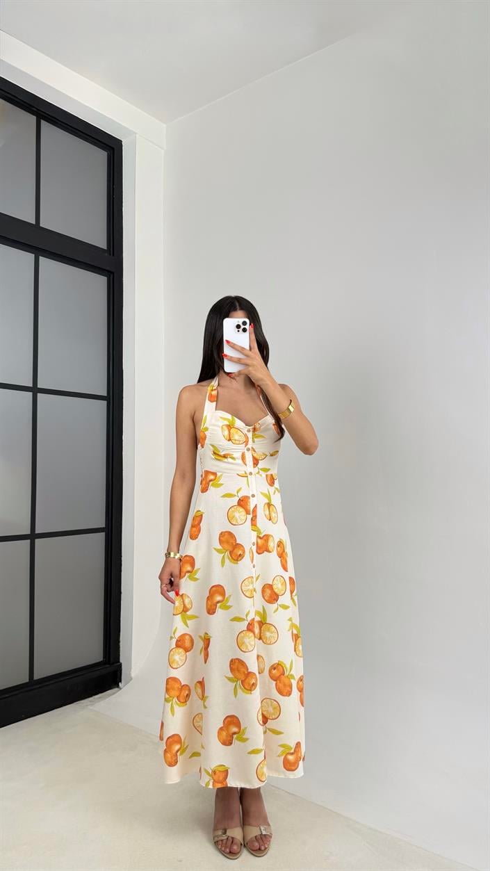 Taş Boyundan Bağlamalı Portakal Desenli Önü Düğmeli Astarlı Keten Elbise GAUS-0053