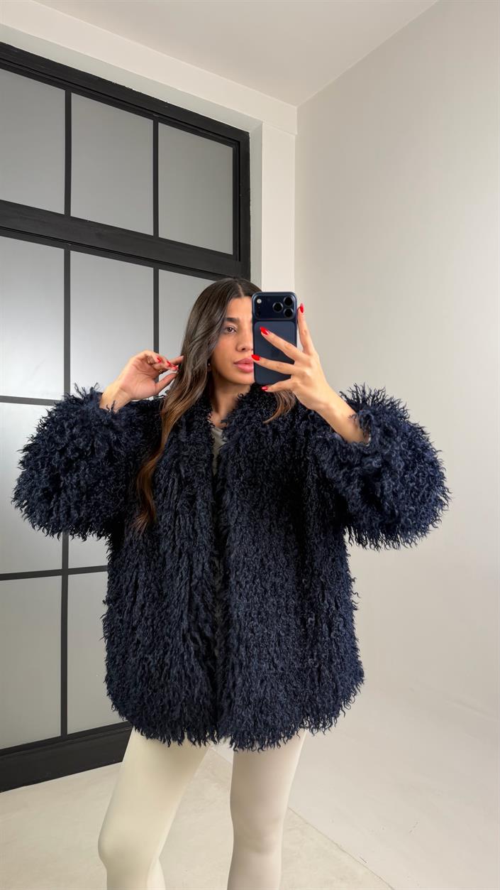 Lacivert Saçaklı Astarlı Premium Kürk GAUS-00931