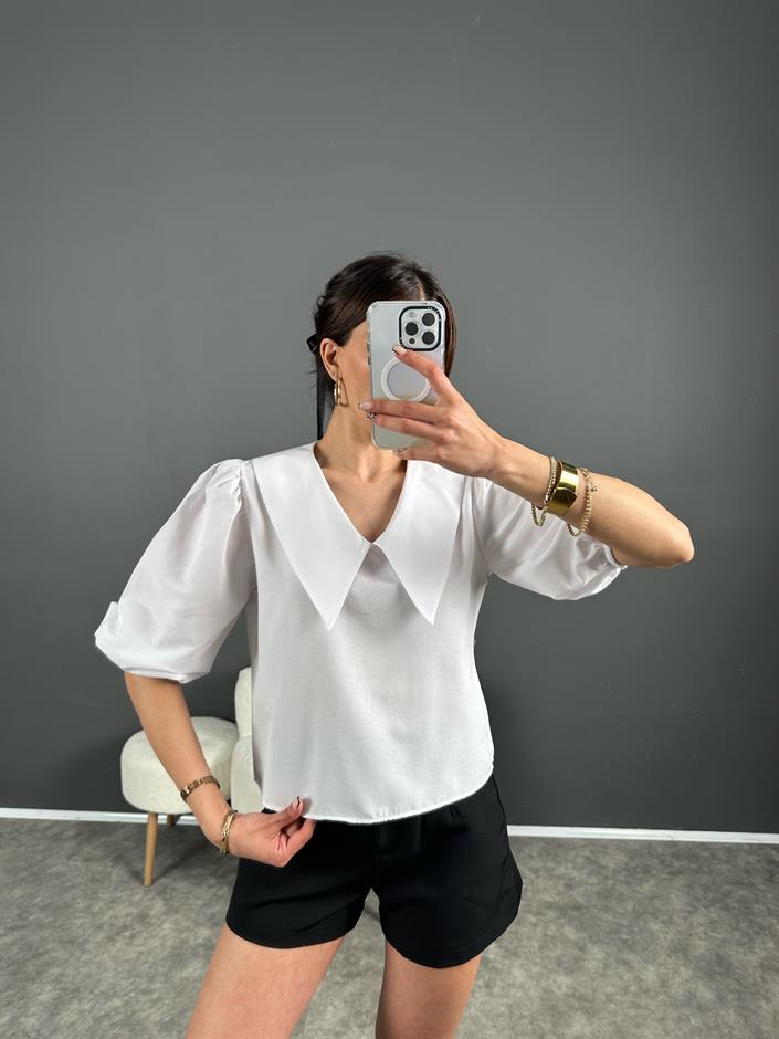 Misu Beyaz Bebe Yaka Balon Kol Bluz