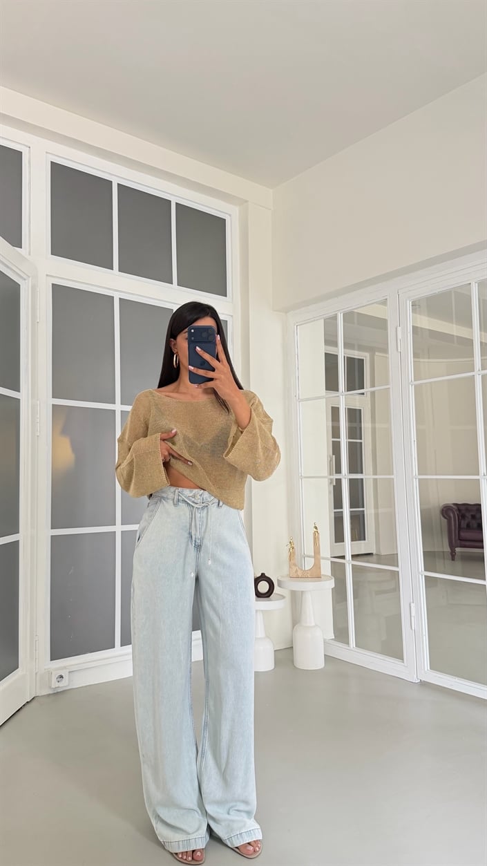 Buz Mavi Kuşaklı Tencel Denim Pantolon GAUS-01617