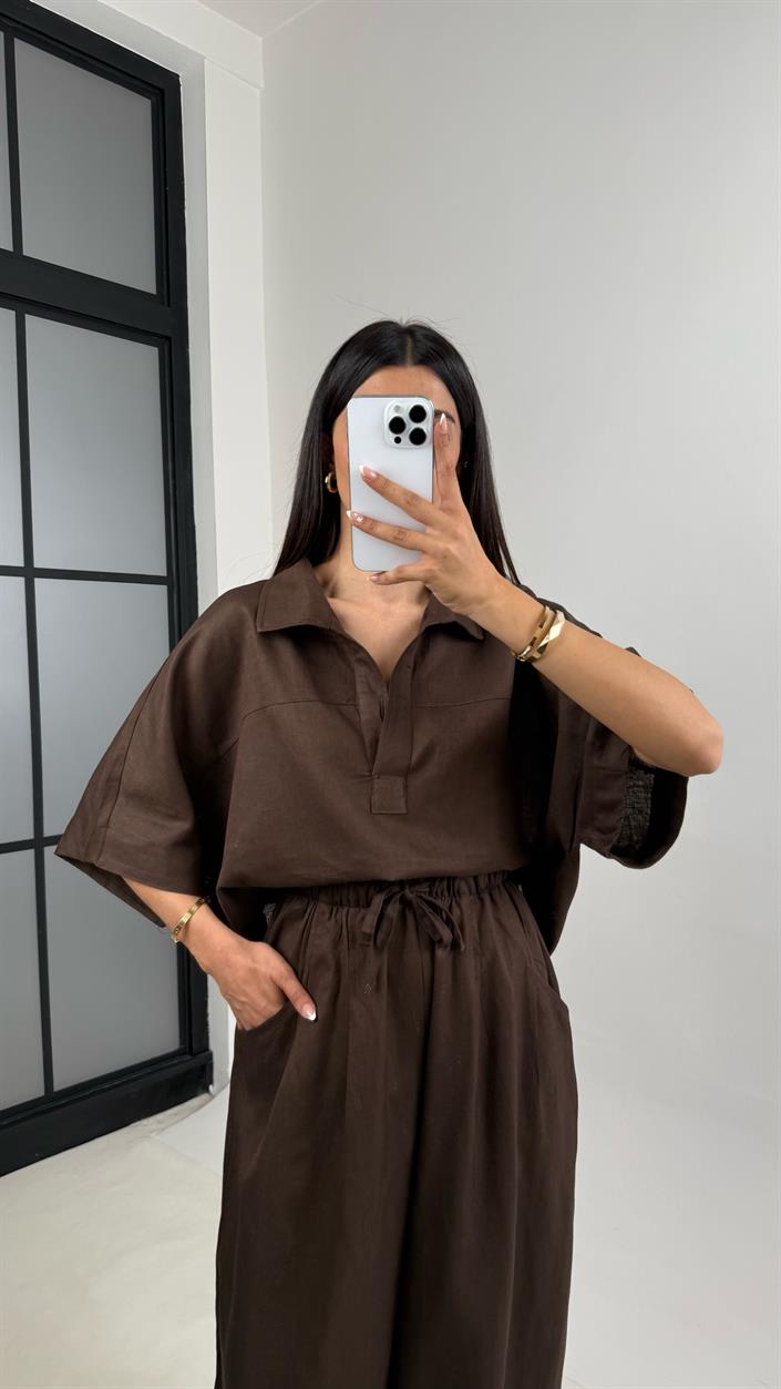 Acı Kahve Polo Yaka Yarasa Kol Bluz Şalvar Pantolon Md Muadil Premium Keten Takım Gaus00542