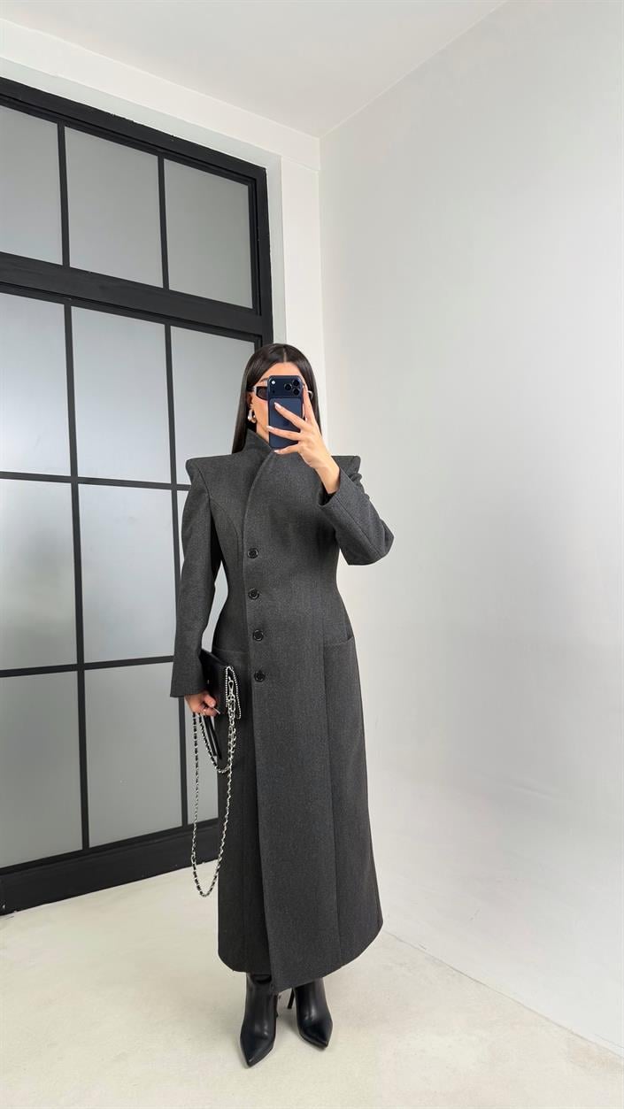 Antrasit Slim Cut Vatkalı Astarlı Önü Düğmeli Kaban GAUS-00835