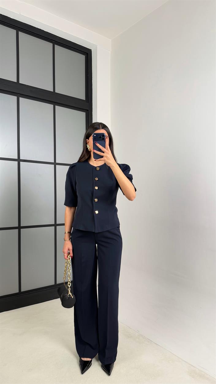 Lacivert Gold Düğmeli Balon Kol Ceket Beli Lastikli Pantolon Kumaş Takım GAUS-00748