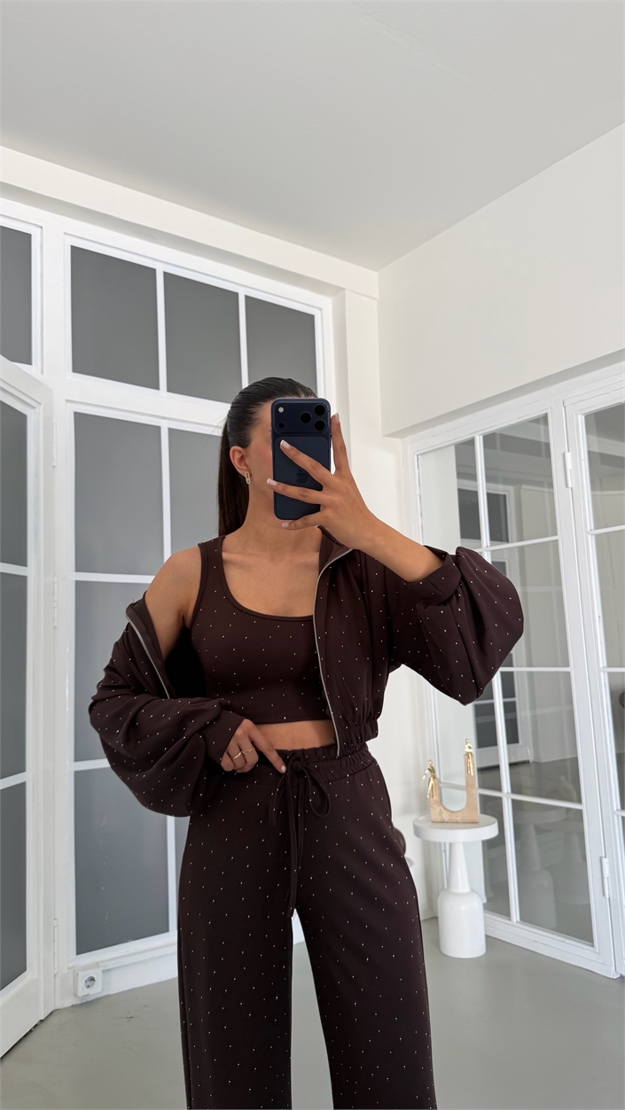 Kahve 3Lü Taş Detaylı Takım GAUS-02124