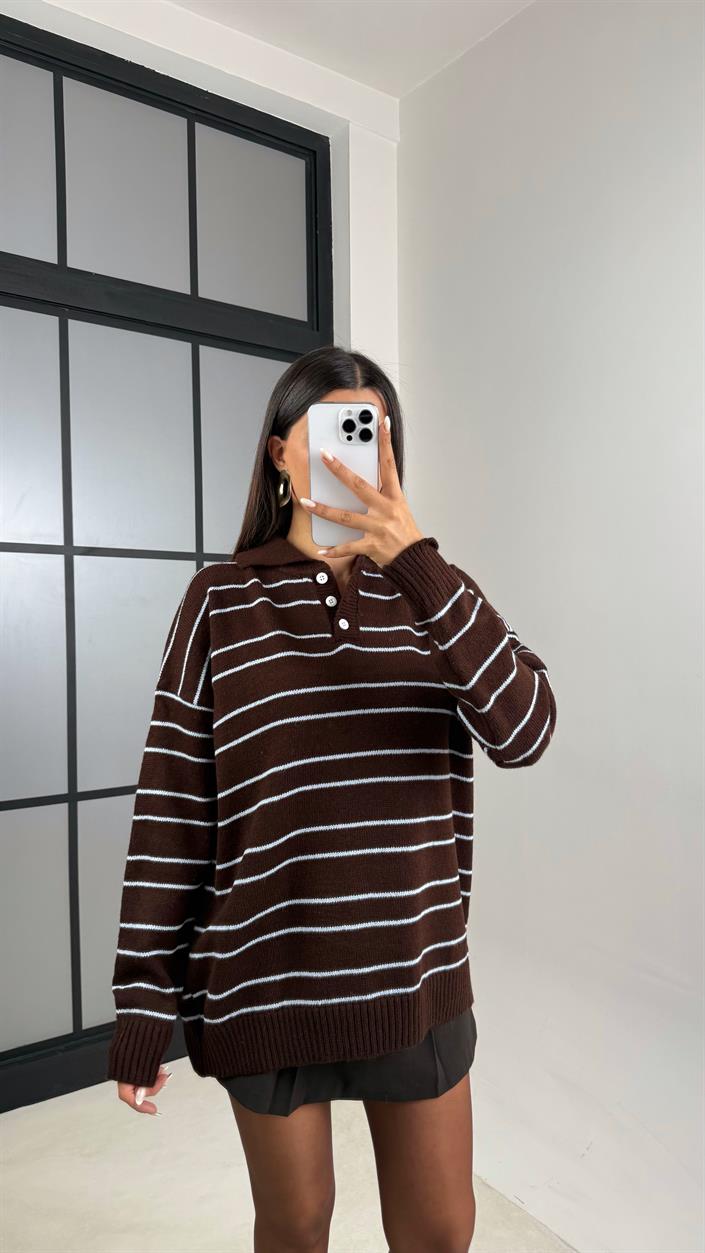 Acı Kahve Polo Yaka Mavi Çizgili Triko Kazak GAUS-00601