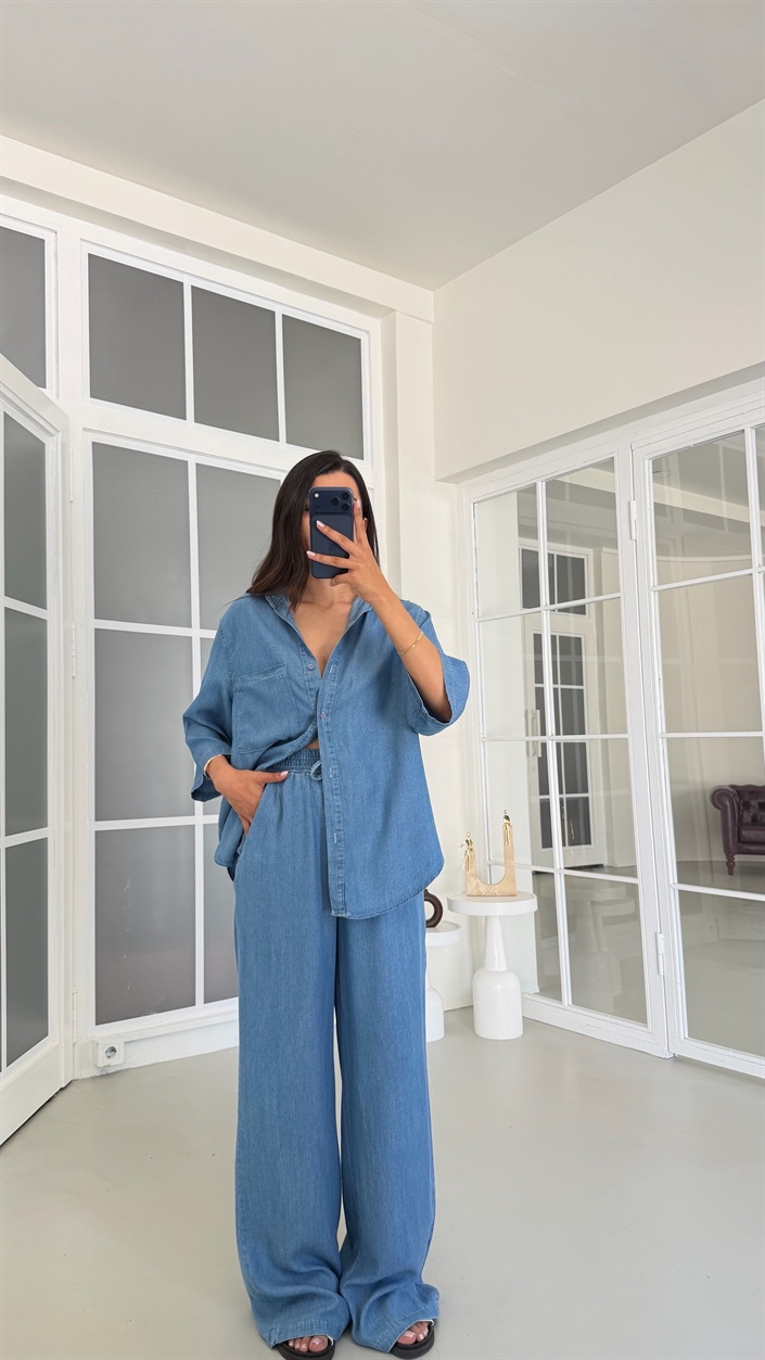 Mavi Gömlek Beli Lastikli Pantolon İkili Tencel Denim Takım GAUS-01791