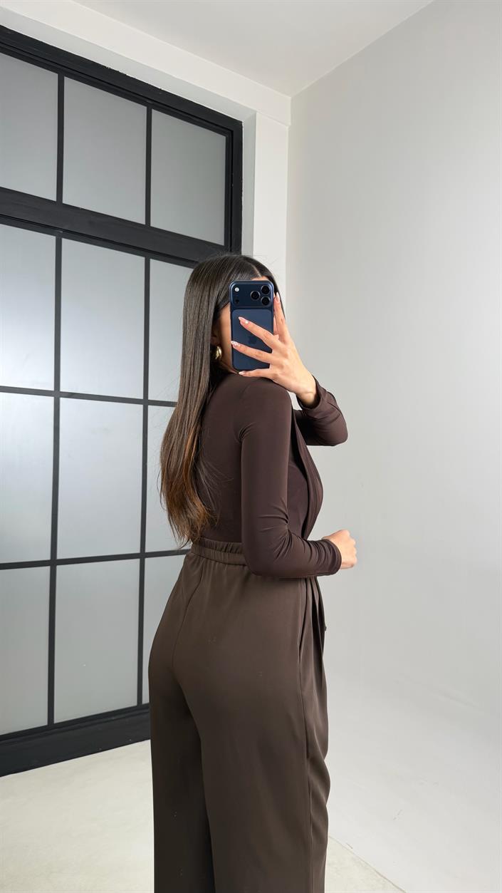 Acı Kahve Beli Lastikli Kuşaklı İthal Kumaş Pantolon GAUS-00869