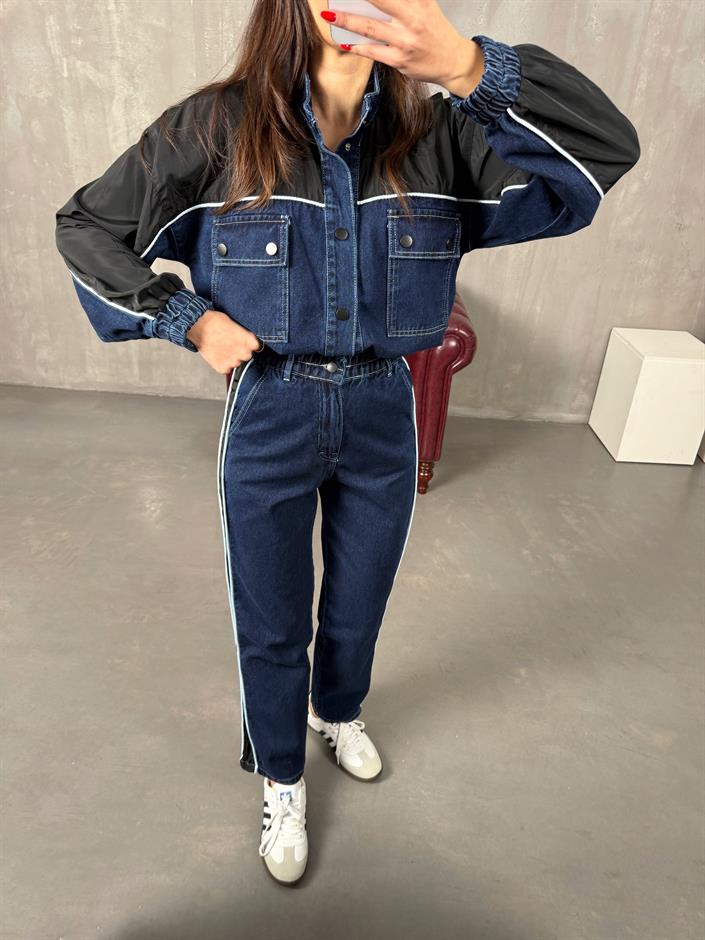 Lotus Koyu Mavi Beli Lastikli Garnili Denim Takım