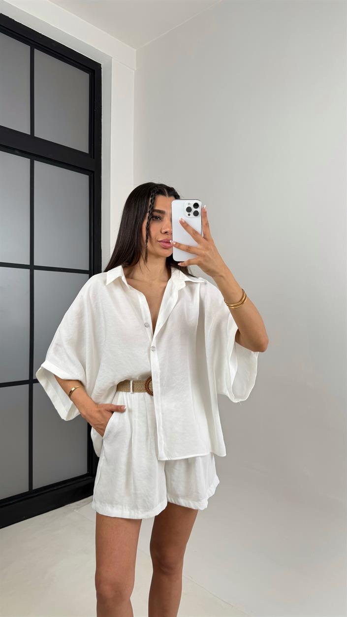 Beyaz Gömlek Hasır Kemerli Şort İkili Tencel Takım Gaus00559