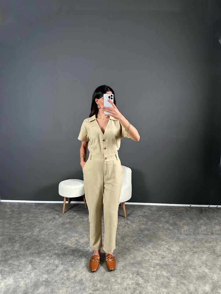 Holi Bej Arkası Lastikli Premium Keten Tulum 