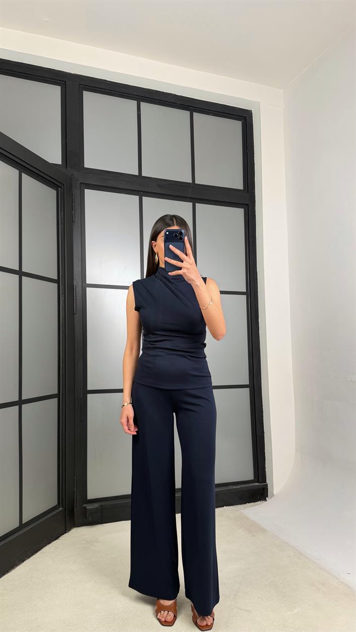 Lacivert Sıfır Kol Bluz Beli Lastikli Pantolon Modal Takım GAUS-01348