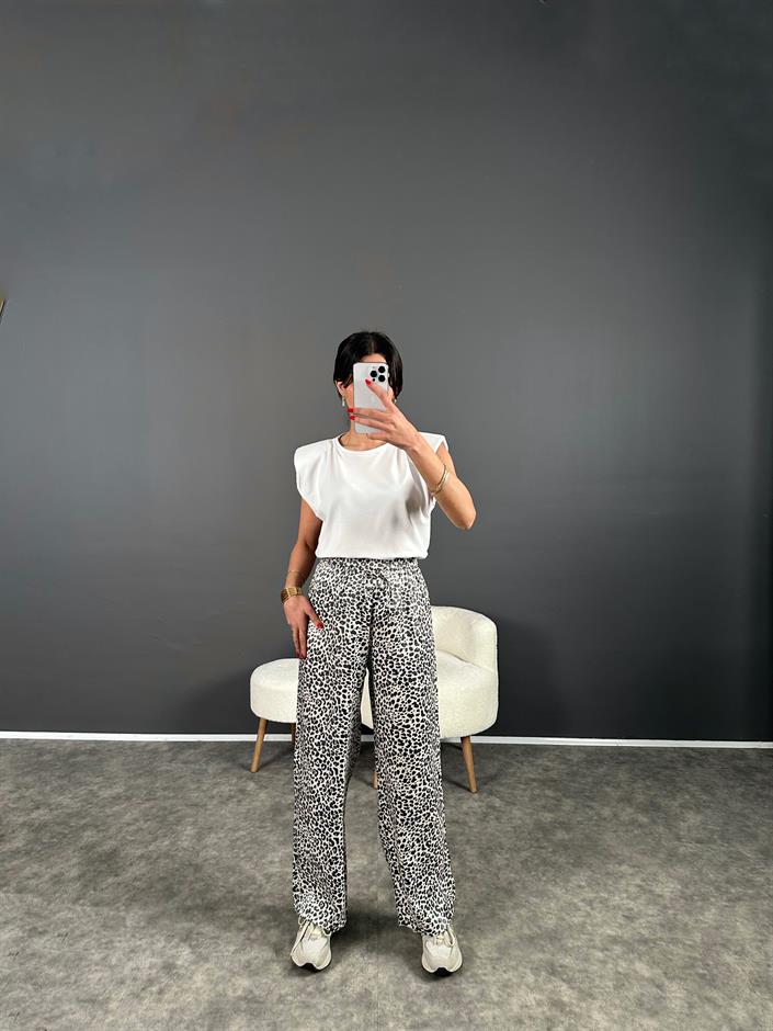 Armes Siyah Beyaz Leoparlı Parlak Saten Pantolon