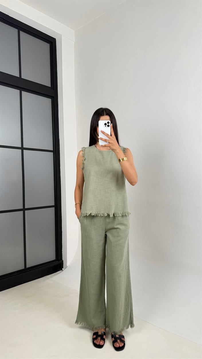 Yeşil Püskül Detaylı Bluz Beli Lastikli Cepli Pantolon Keten Takım Gaus00646 