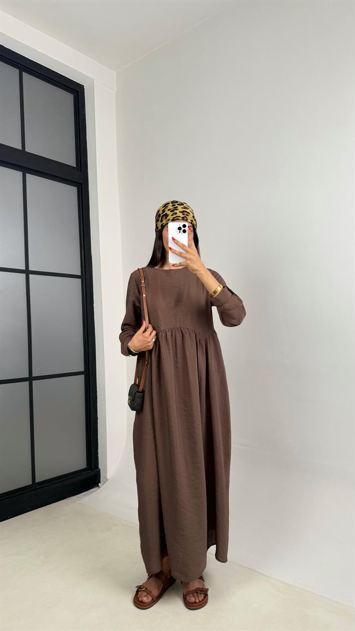 Kahve Altı Balon Uzun Kol Cep Detaylı Tencel Pinterest Elbise GAUS-0025