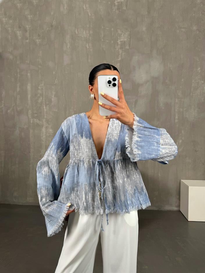 Mavi Önden Bağlamalı Müslin Ebruli Bluz Gaus00088