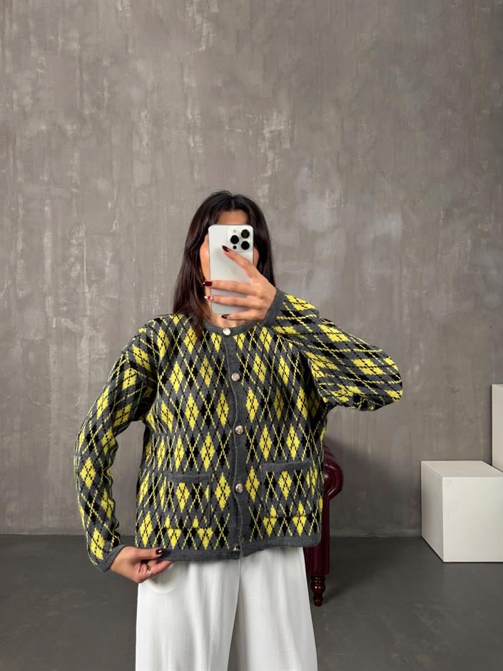 Garcia Gri Sarı Baklava Desenli Hırka