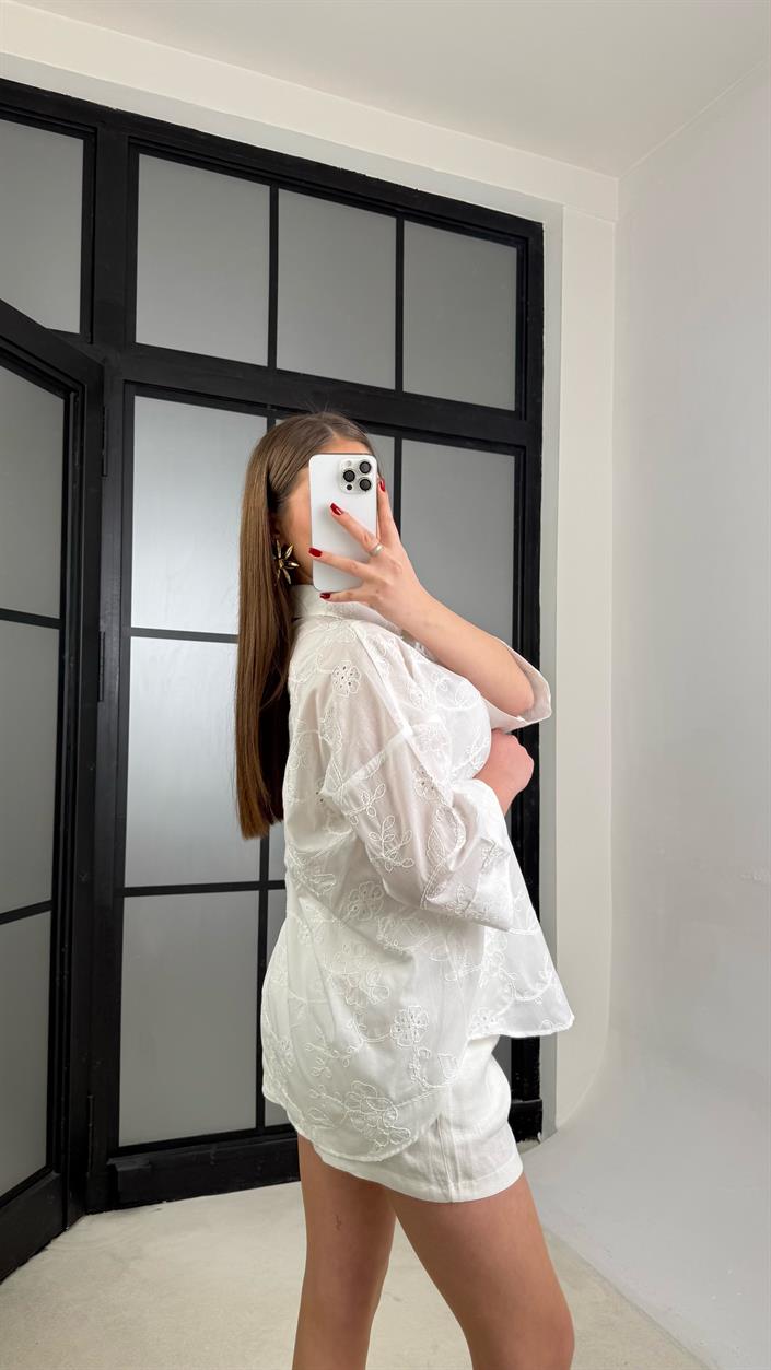 Ekru Çiçek Nakışlı Pinterest Gömlek GAUS-01268