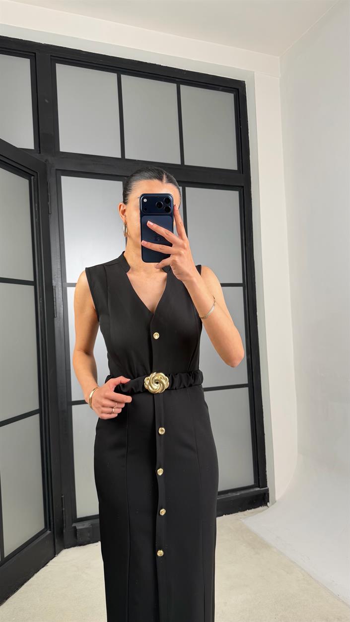 Siyah Kuşaklı Gold Düğme Detaylı Premium Elbise GAUS-01448